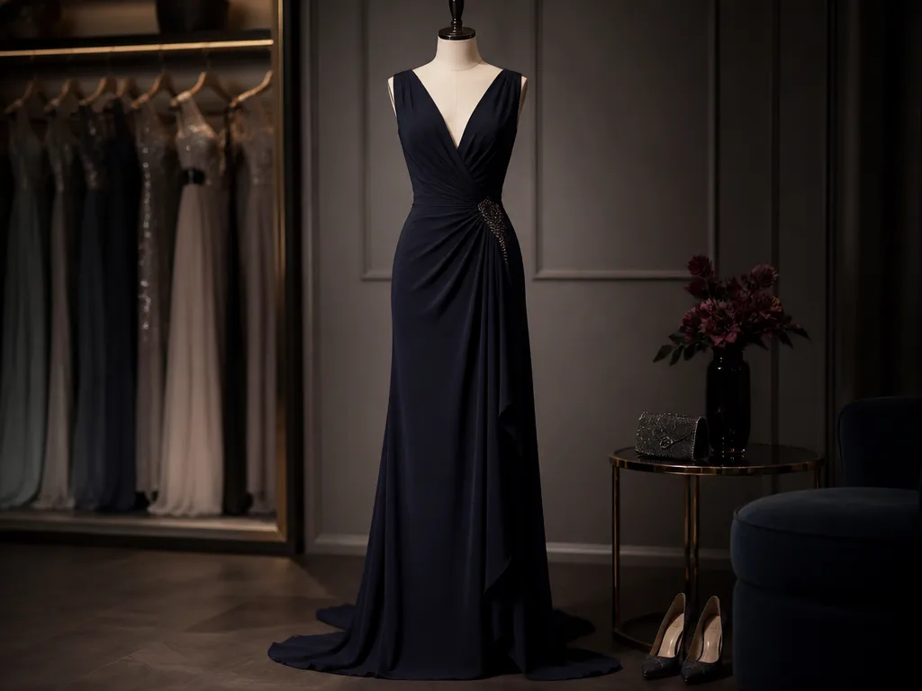 Lång mörk aftonklänning på skyltdocka i elegant butik med clutch och högklackade skor