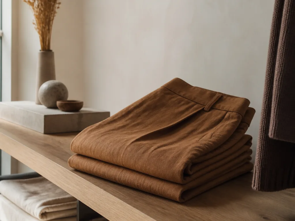 Bruna vida byxor i varma jordtoner upplagda på en trähylla i en minimalistisk Skandinavisk boutique