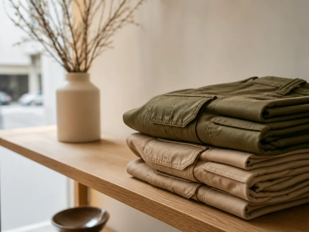 Cargobyxor dam i olivgrönt och beige upplagda på en minimalistisk trähylla i en skandinavisk boutique