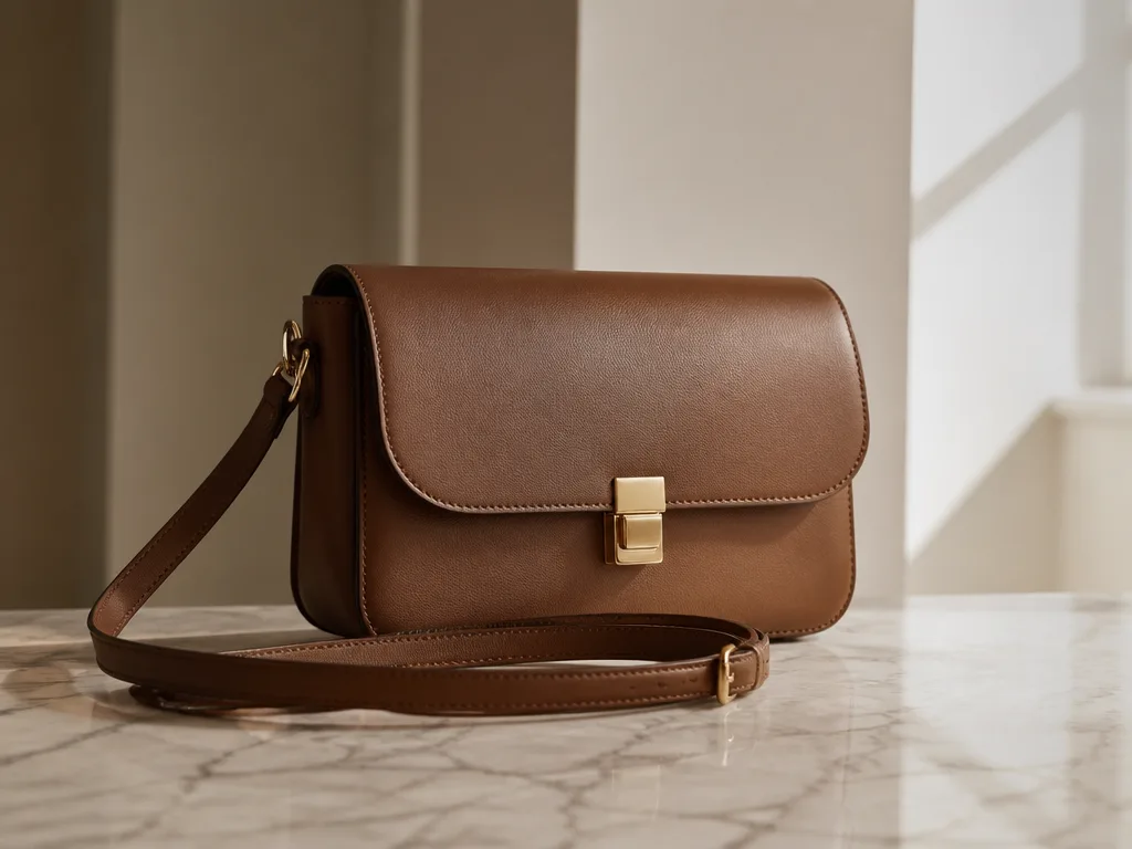 Elegant strukturerad crossbody-väska i läder på en marmoryta med mjukt naturligt ljus