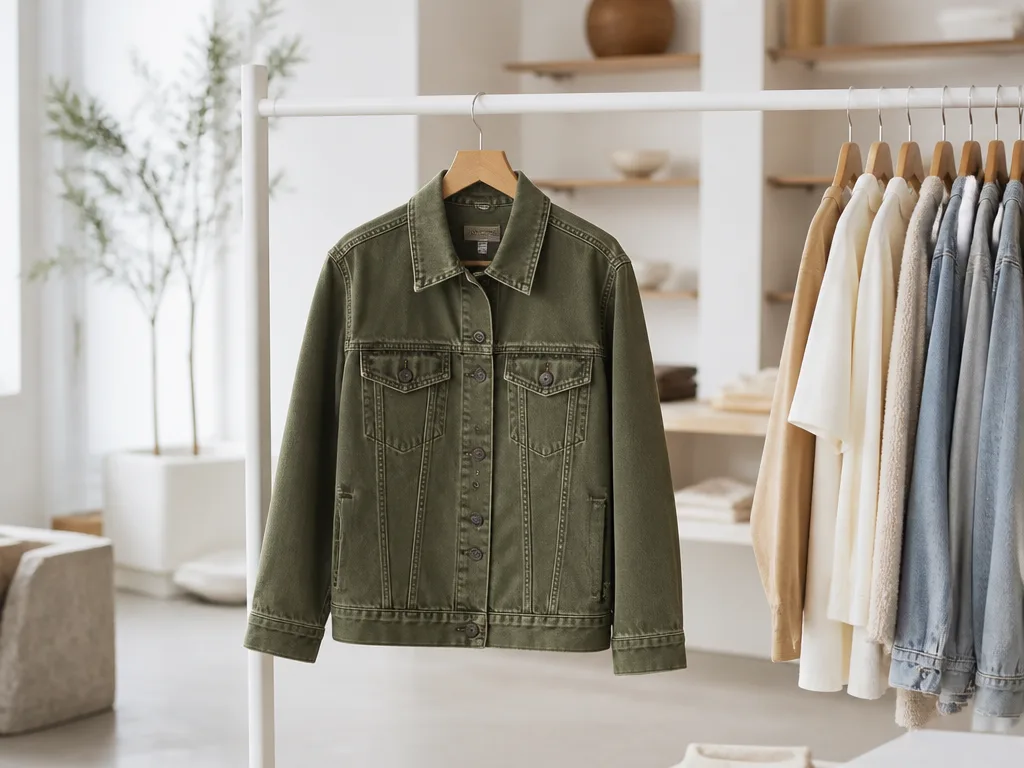 Olivgrön jeansjacka hängande på en ljus klädklädarstång i ett minimalistiskt skandinaviskt klädrum