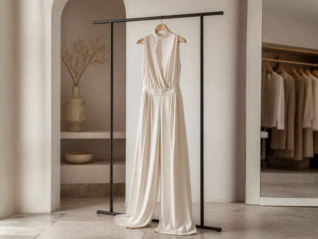 Elegant wide-leg jumpsuit i satin hängd på en klädhängare i en minimalistisk butik