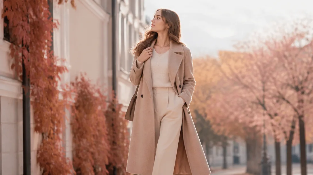 Kvinna i elegant lång beige ullkappa utomhus en höstdag
