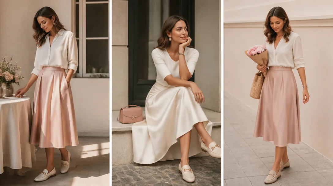 Elegant kjol outfit med svart midikjol och vit topp