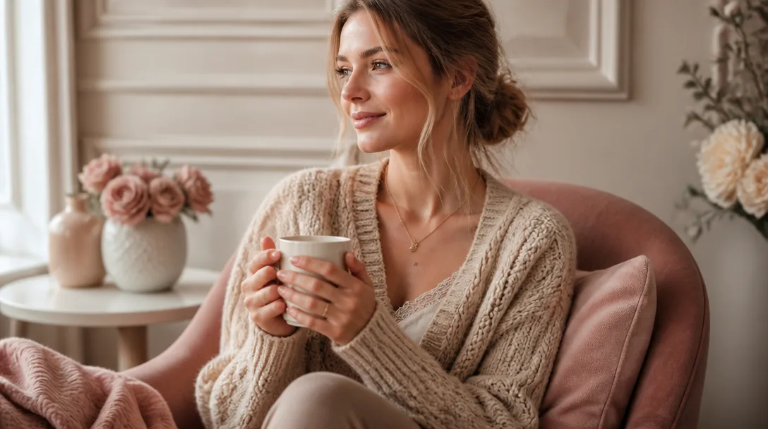 Kvinna i mysig beige kabelstickad kofta med kaffekopp i handen
