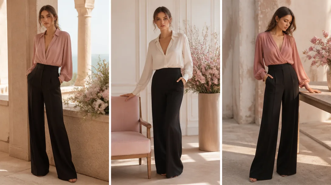 Elegant kvinna i vida svarta kostymbyxor med hög midja och vit instoppad blus