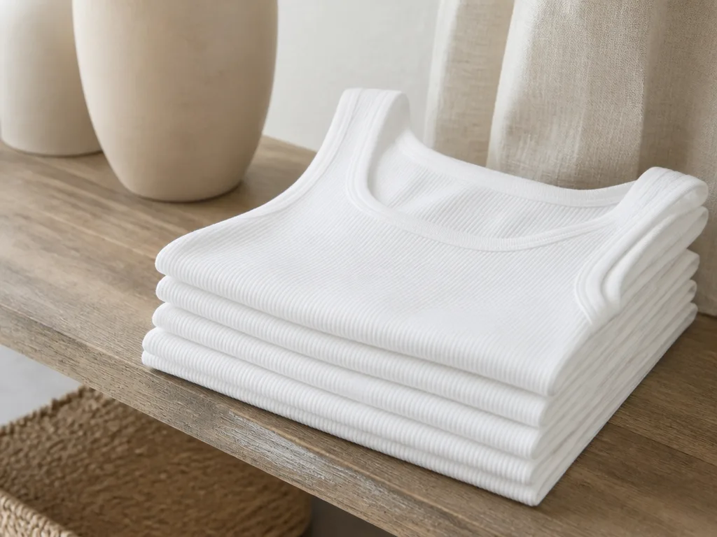 Vikta vita ribbade bomullslinnen staplade på en träbokhylla i en minimalistisk Skandinavisk butik