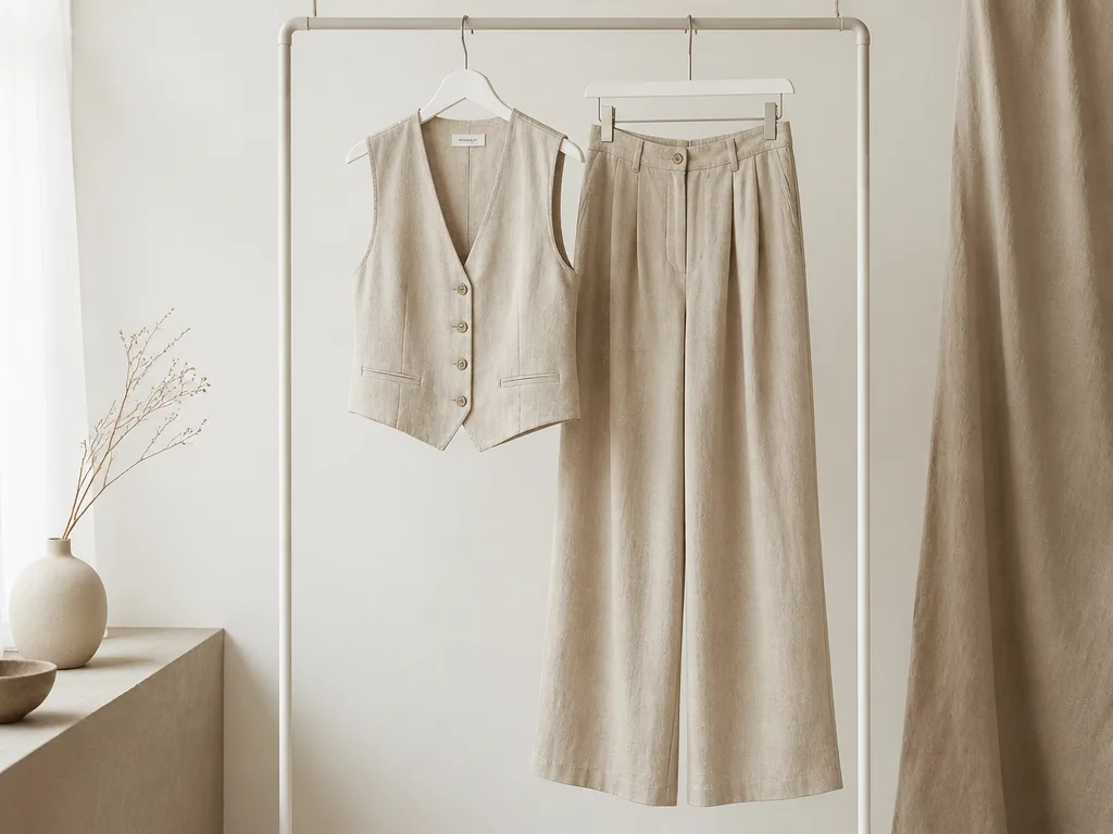 Matchande beige linneset med väst och vida linnebyxor hängda på en minimalistisk klädgalge i mjukt naturligt ljus
