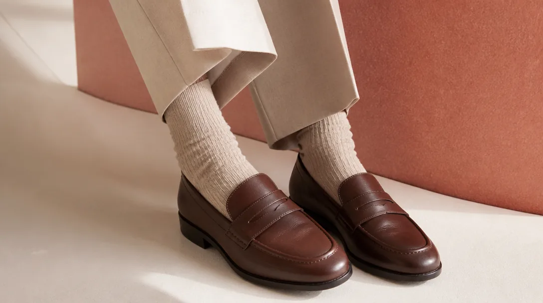 Bruna loafers dam på fötter med kostymbyxor