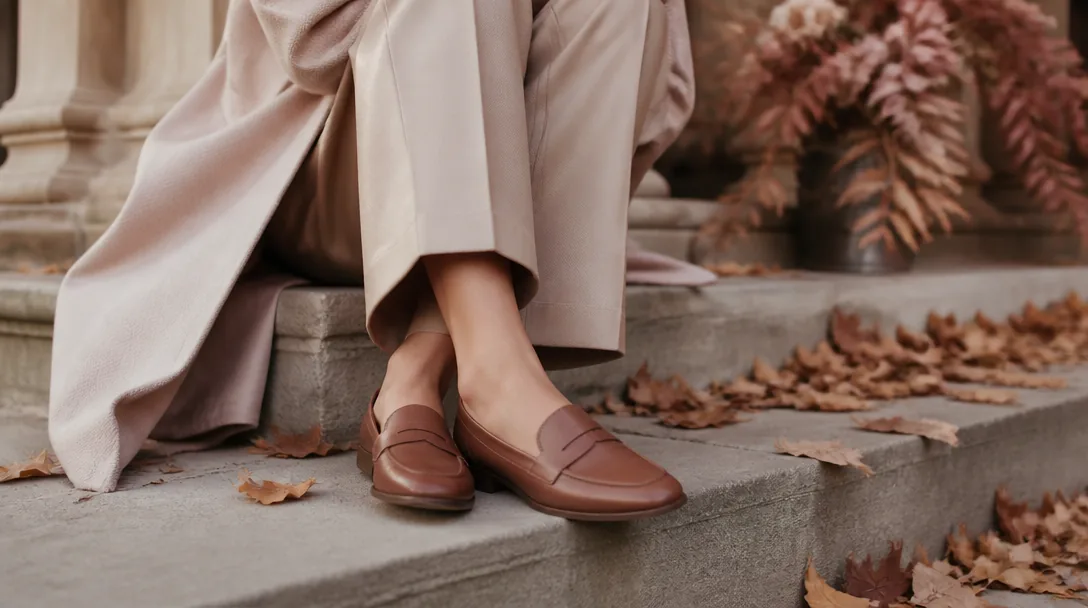 Bruna loafers buret med byxor, mjuk feminin editorial