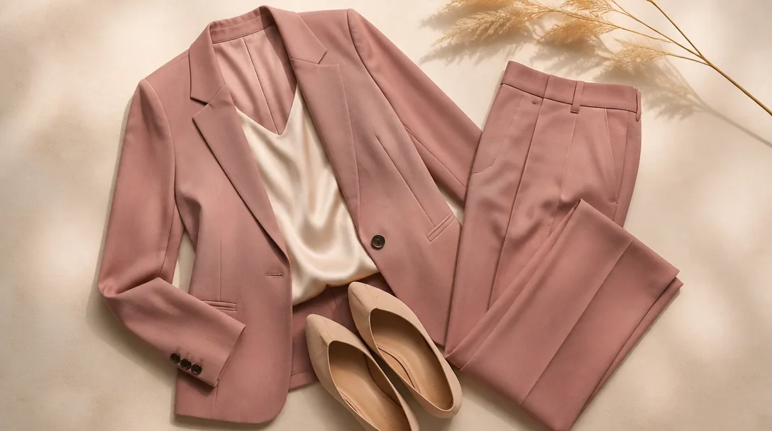 Polerad kontorsoutfit upphängd mot en varm, neutral bakgrund