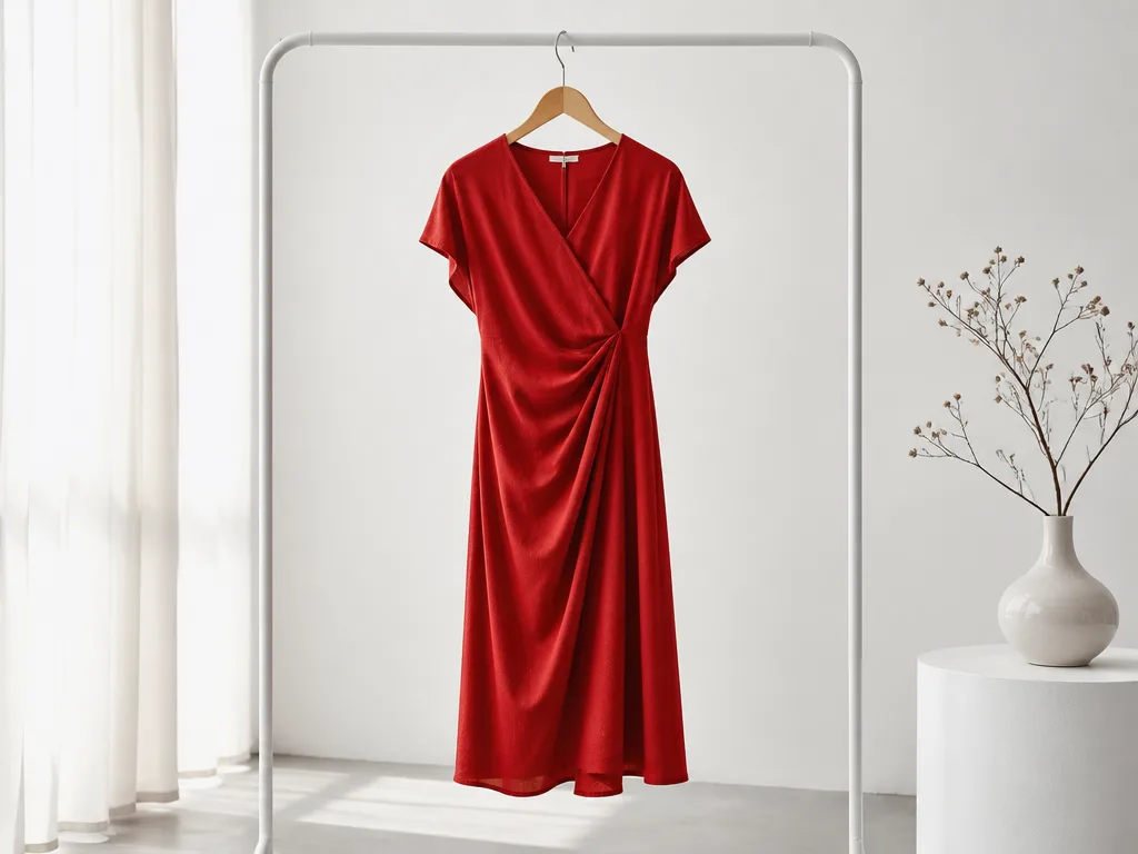 Elegant röd klänning på ett vitt minimalistiskt klädställ i mjukt naturligt ljus