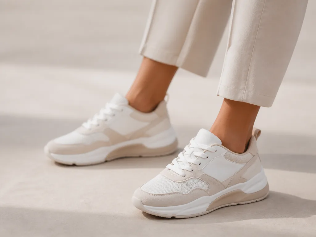 Vita och beige sneakers dam på ljus yta i editorial stil