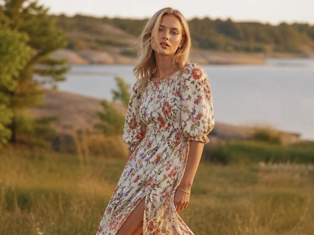 Kvinna i blommig sommarklänning utomhus i solljus – sommarmode för dam 2026