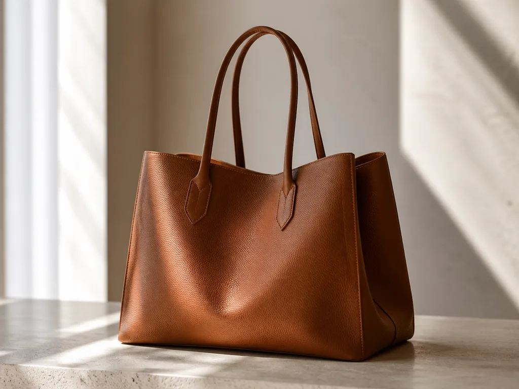 Stor strukturerad läder-tote bag i varm karamellfärgad brun på en minimalistisk stenytan med mjukt naturligt ljus
