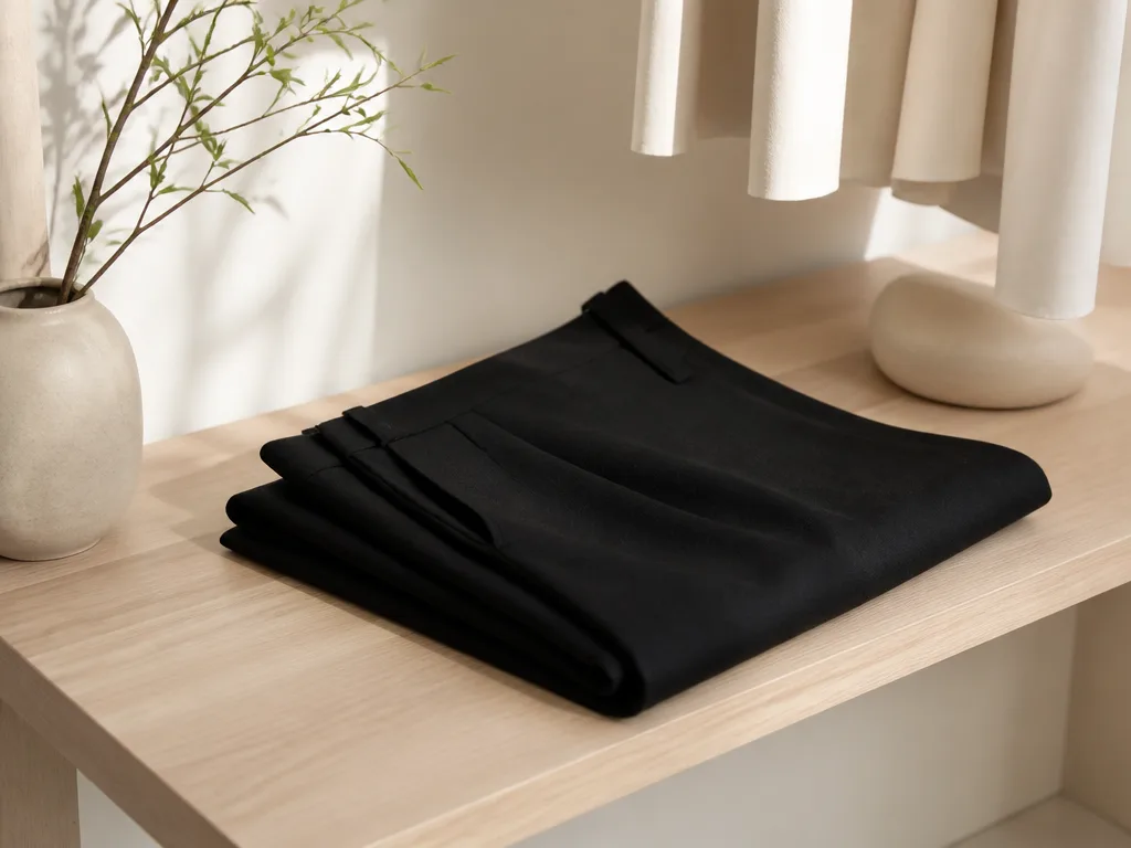 Eleganta svarta byxor med vida ben upplagda på en minimalistisk träskohylla i en skandinavisk boutique med naturligt dagsljus