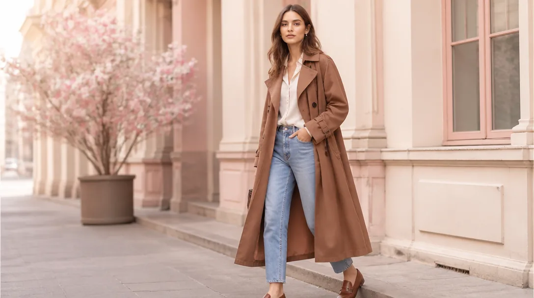 Trenchcoat-look på kvinna i urban miljö