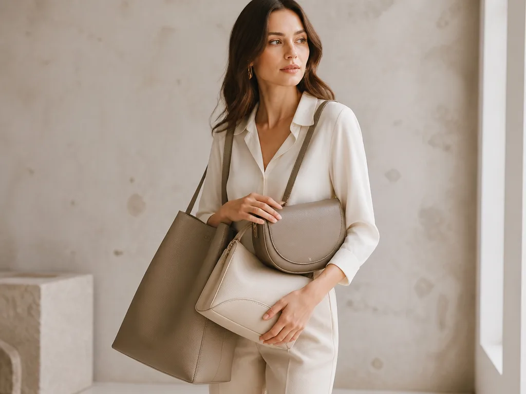 Stilfull dam med läderhandväska, crossbody-väska och tote bag i neutrala toner