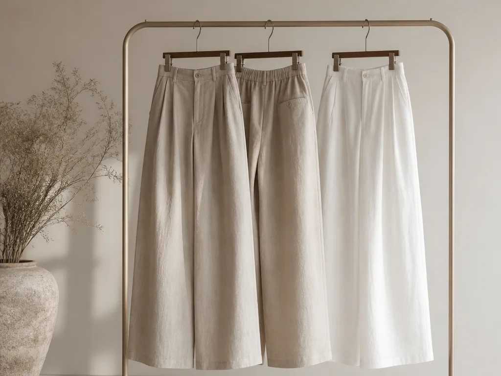 Vida byxor i beige linne hängande på minimalistisk garderobsstång i studiomiljö