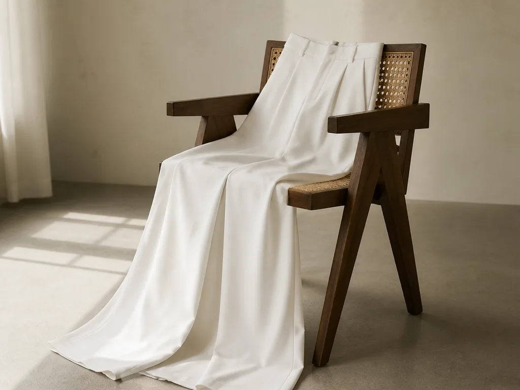 Vita vida byxor draperade över en minimalistisk stol i naturligt fönsterljus